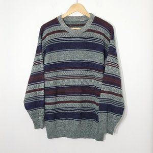 Vintage Grandpa Core Oversized Cozy Green Knit Sweater Multicolor Stripes Preppy